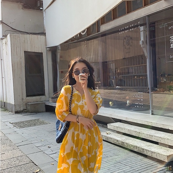 Yellow Patterned Women's Dress - Picture 4 of 4